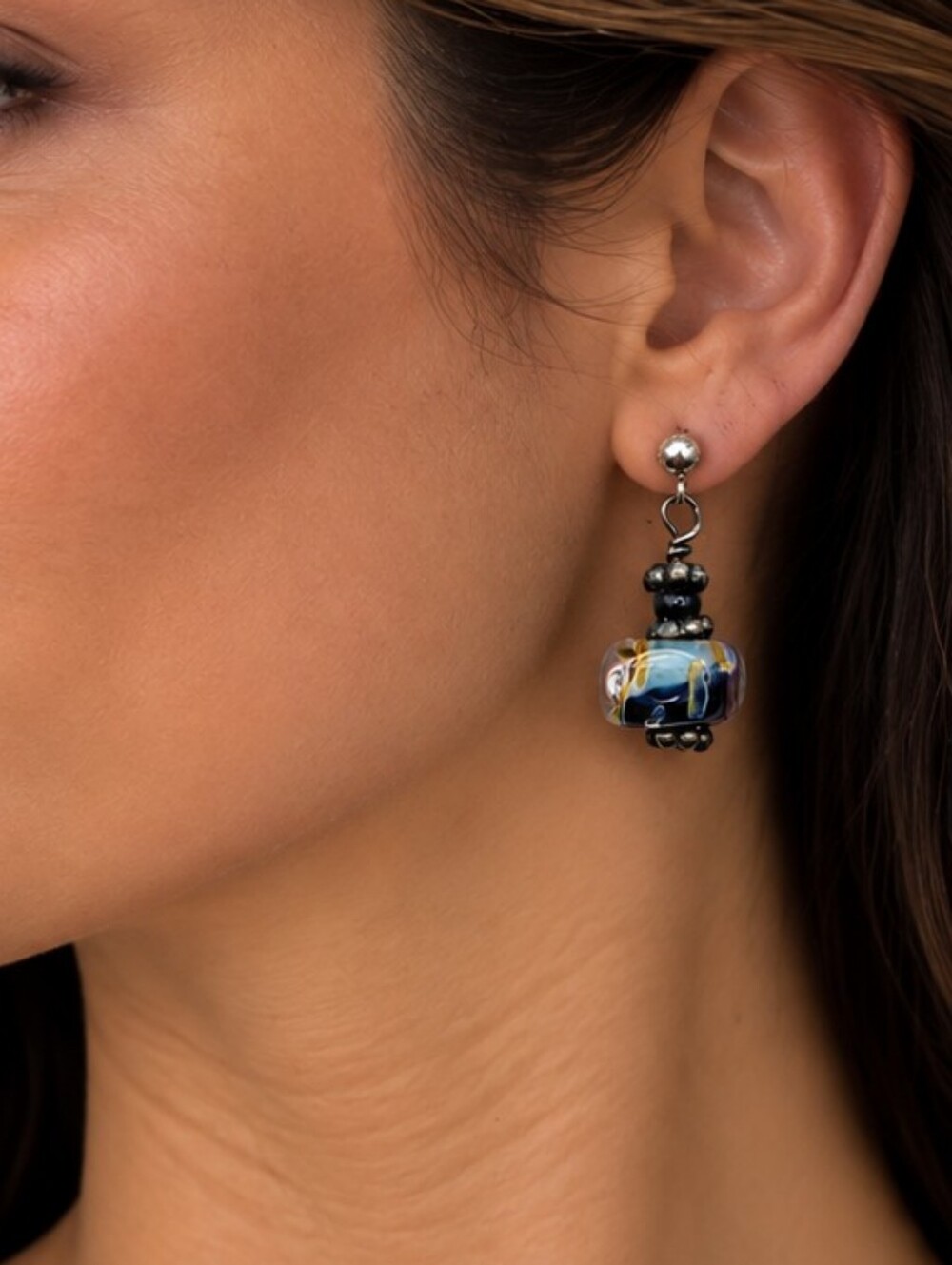 💎 Art Glass Bead Dangle Earrings Blue Black Silver Tone Artisan Boho Drop